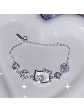 Hello Kitty Sanrio Silver Rhinestone Charm Bracelet – Adjustable Chain for Kids